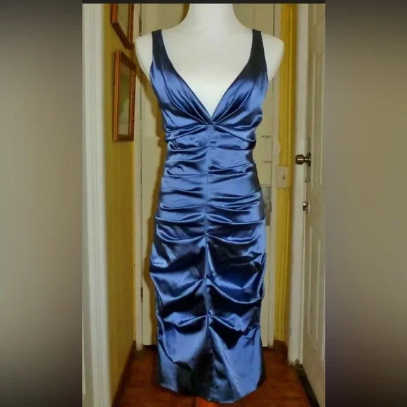 nicole miller navy blue dress One Shoulder Pleated Maxi Dress